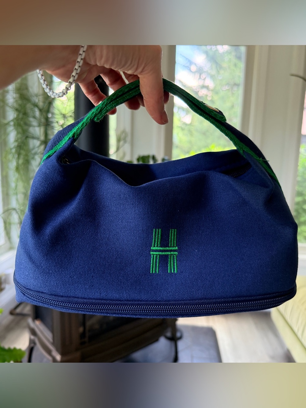Fashion Hermes Canvas Blue & Green Makeup Case/Clutch w Gold Hardware NEW